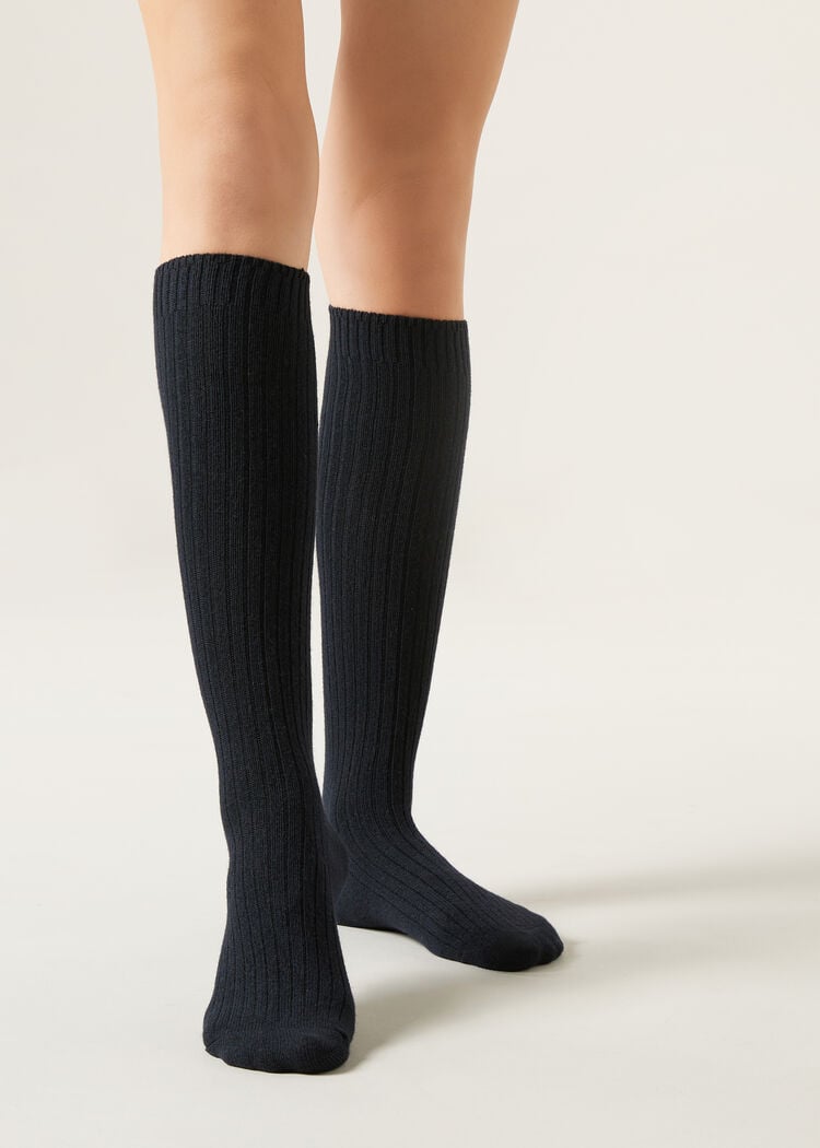 Long ribbed wool and cashmere socks