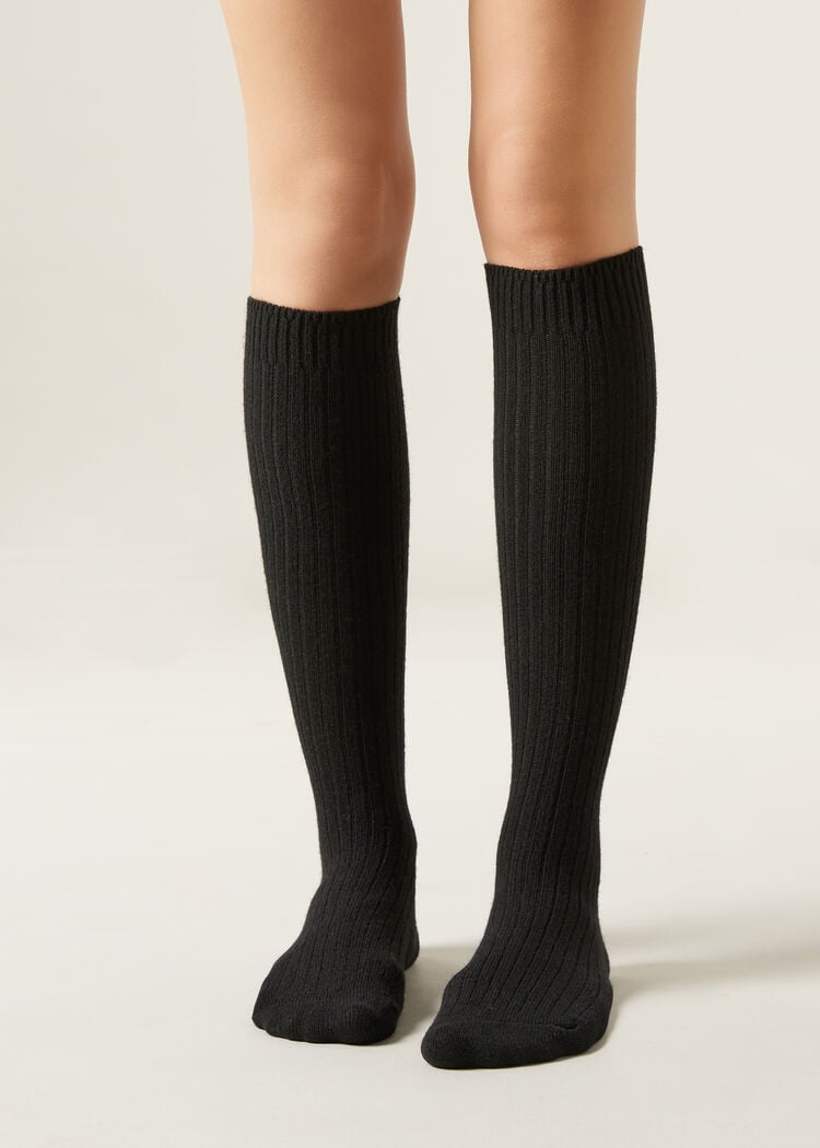 Long ribbed wool and cashmere socks