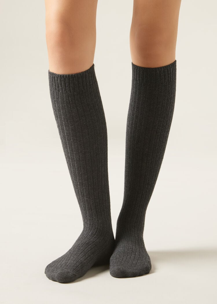 Long ribbed wool and cashmere socks