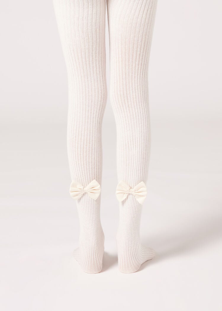 Girls’ ribbed cotton tights with bow