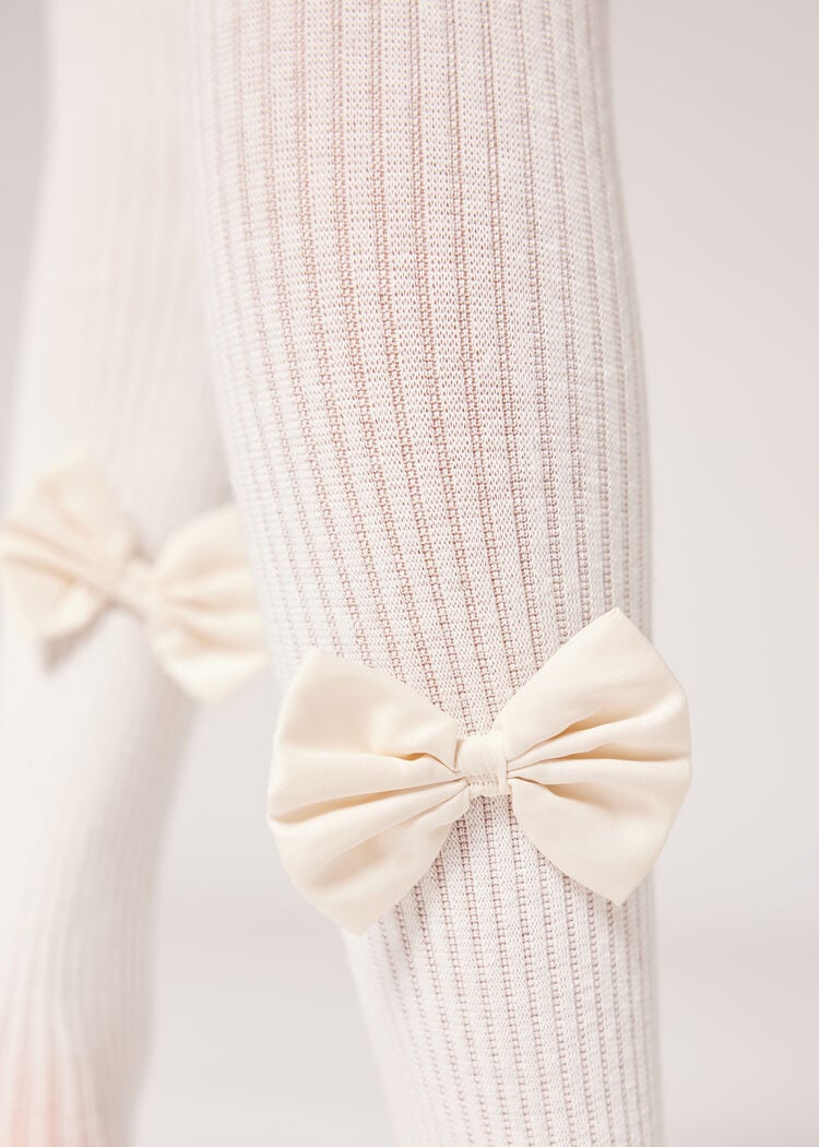 Girls’ ribbed cotton tights with bow