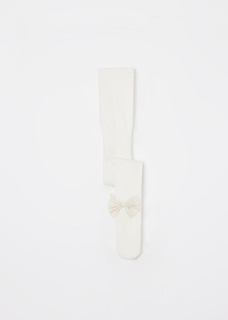 Girls’ ribbed cotton tights with bow