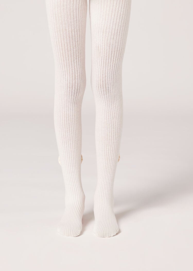 Girls’ ribbed cotton tights with bow