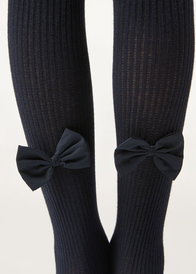 Girls’ ribbed cotton tights with bow