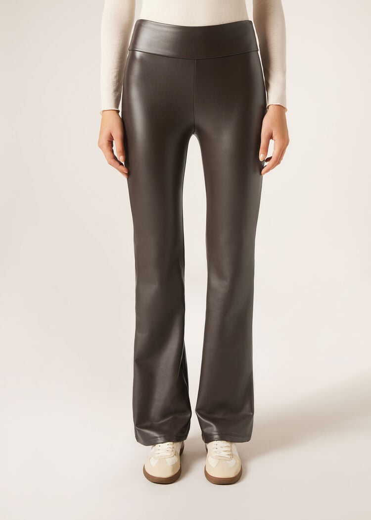 Thermal flared pants with coated effect